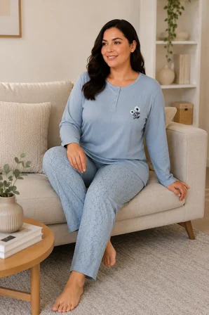 Kadın Orta Yaş ve Üzeri Regular Büyük Beden Esinti Kumaş Anne Pijama Takımı 4575