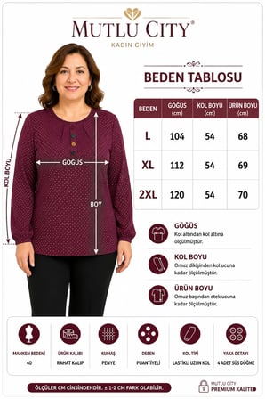 Kadın Orta Yaş ve Üzeri Puantiye Desenli Kol Lastikli Anne Penye Bluz 1603
