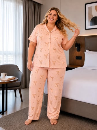 Kadın Büyük Beden Milan Kumaş Düğmeli Pijama Takımı 3185