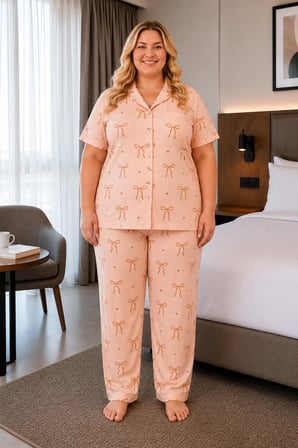 Kadın Büyük Beden Milan Kumaş Düğmeli Pijama Takımı 3185