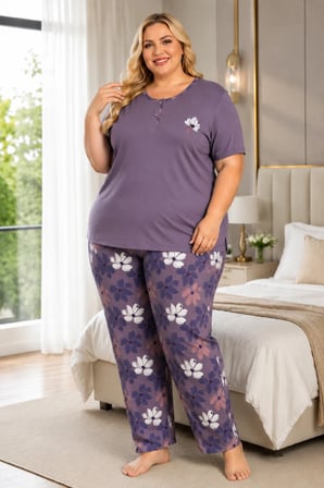 Kadın Orta Yaş ve Üzeri Regular Yüksek Kalite Büyük Beden Modal Kumaş Anne Pijama Takımı 15094