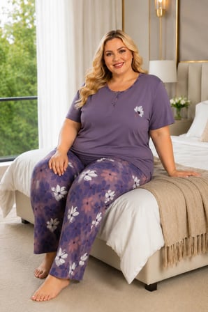 Kadın Orta Yaş ve Üzeri Regular Yüksek Kalite Büyük Beden Modal Kumaş Anne Pijama Takımı 15094