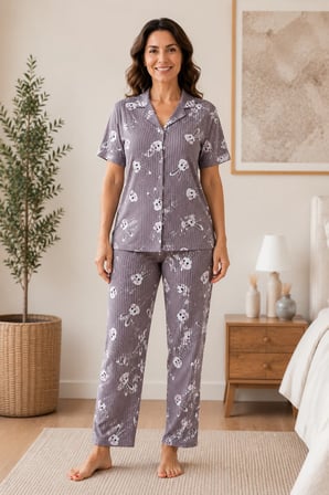 Kadın Milan Kumaş Rahat Kalıp Düğmeli Kısa Kollu Pijama Takımı 3149