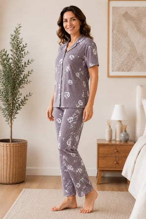 Kadın Milan Kumaş Rahat Kalıp Düğmeli Kısa Kollu Pijama Takımı 3149