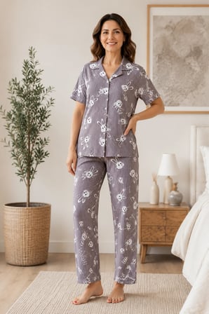 Kadın Milan Kumaş Rahat Kalıp Düğmeli Kısa Kollu Pijama Takımı 3149
