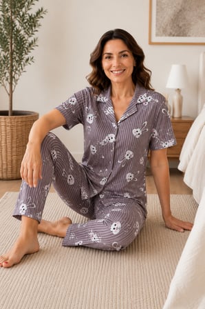 Kadın Milan Kumaş Rahat Kalıp Düğmeli Kısa Kollu Pijama Takımı 3149