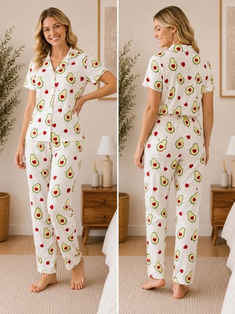 Kadın Milan Kumaş Rahat Kalıp Düğmeli Kısa Kollu Pijama Takımı 3149