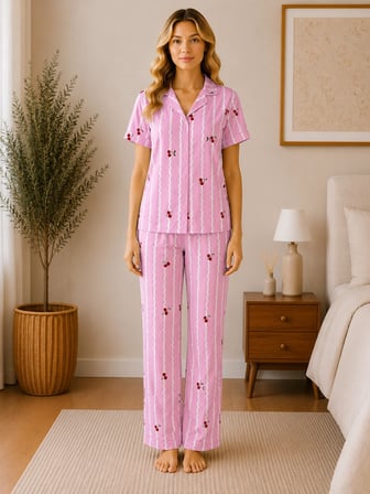 Kadın Milan Kumaş Rahat Kalıp Düğmeli Kısa Kollu Pijama Takımı 3149