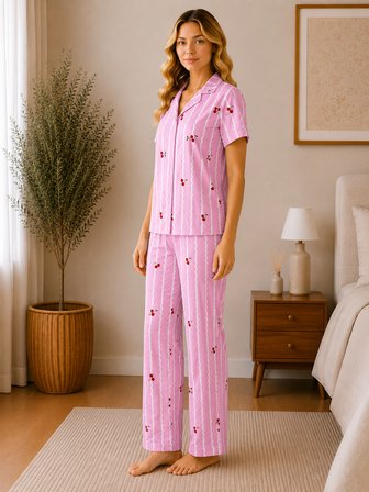 Kadın Milan Kumaş Rahat Kalıp Düğmeli Kısa Kollu Pijama Takımı 3149