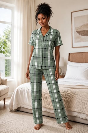 Kadın Milan Kumaş Rahat Kalıp Düğmeli Kısa Kollu Pijama Takımı 3149