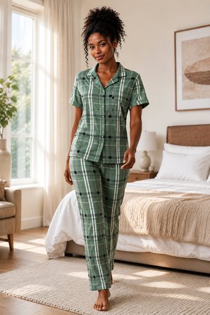 Kadın Milan Kumaş Rahat Kalıp Düğmeli Kısa Kollu Pijama Takımı 3149