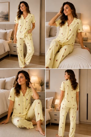 Kadın Milan Kumaş Rahat Kalıp Düğmeli Kısa Kollu Pijama Takımı 3149