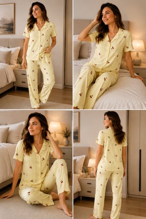 Kadın Milan Kumaş Rahat Kalıp Düğmeli Kısa Kollu Pijama Takımı 3149