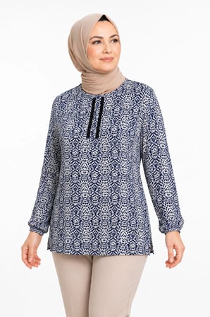 Kadın Yuvarlak Yaka Desenli Orta Yaş Anne Penye Bluz 6548