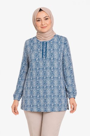 Kadın Yuvarlak Yaka Desenli Orta Yaş Anne Penye Bluz 6548