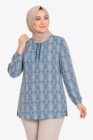 Kadın Yuvarlak Yaka Desenli Orta Yaş Anne Penye Bluz 6548