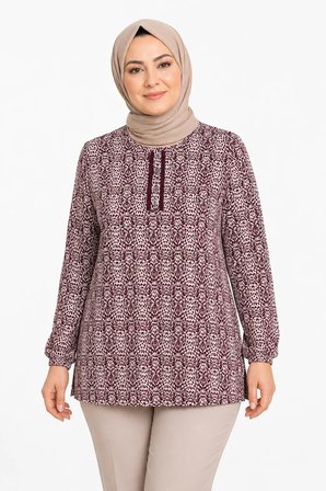 Kadın Yuvarlak Yaka Desenli Orta Yaş Anne Penye Bluz 6548