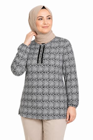 Kadın Yuvarlak Yaka Desenli Orta Yaş Anne Penye Bluz 6548