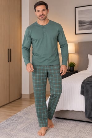 Erkek İnterlok Rahat Kalıp Ekoseli Yuvarlak Yaka Pamuk Pijama Takımı 6860
