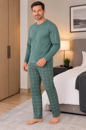 Erkek İnterlok Rahat Kalıp Ekoseli Yuvarlak Yaka Pamuk Pijama Takımı 6860