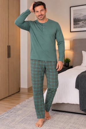 Erkek İnterlok Rahat Kalıp Ekoseli Yuvarlak Yaka Pamuk Pijama Takımı 6860