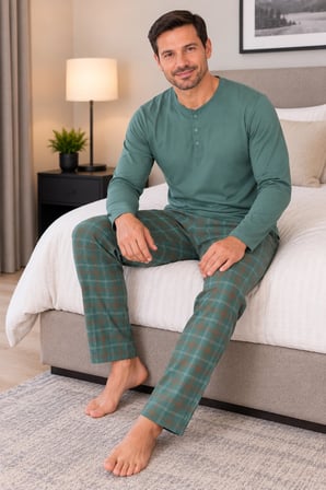 Erkek İnterlok Rahat Kalıp Ekoseli Yuvarlak Yaka Pamuk Pijama Takımı 6860