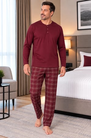 Erkek İnterlok Rahat Kalıp Ekoseli Yuvarlak Yaka Pamuk Pijama Takımı 6860