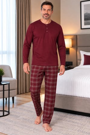 Erkek İnterlok Rahat Kalıp Ekoseli Yuvarlak Yaka Pamuk Pijama Takımı 6860