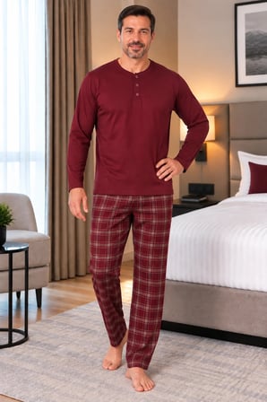 Erkek İnterlok Rahat Kalıp Ekoseli Yuvarlak Yaka Pamuk Pijama Takımı 6860