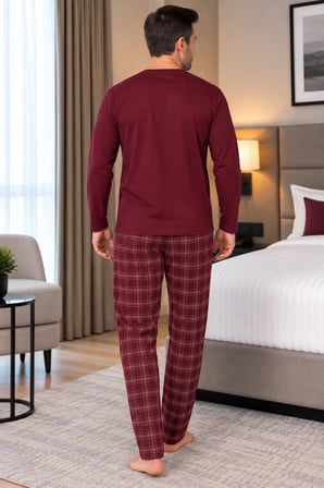 Erkek İnterlok Rahat Kalıp Ekoseli Yuvarlak Yaka Pamuk Pijama Takımı 6860