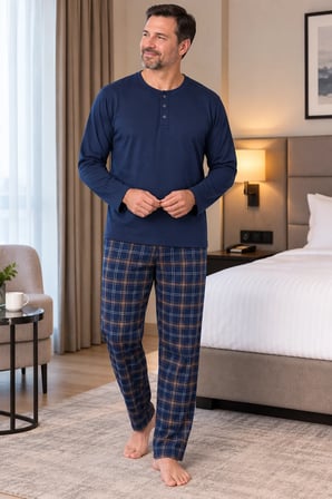 Erkek İnterlok Rahat Kalıp Ekoseli Yuvarlak Yaka Pamuk Pijama Takımı 6860