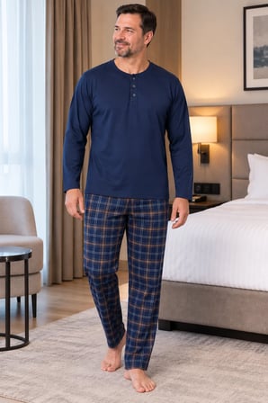 Erkek İnterlok Rahat Kalıp Ekoseli Yuvarlak Yaka Pamuk Pijama Takımı 6860