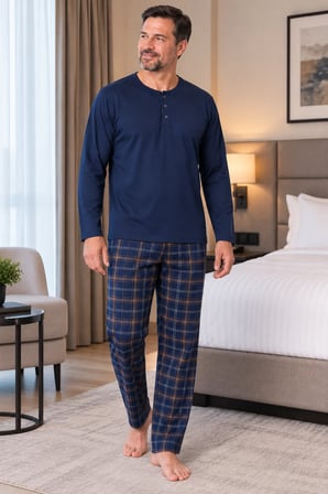 Erkek İnterlok Rahat Kalıp Ekoseli Yuvarlak Yaka Pamuk Pijama Takımı 6860