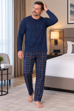 Erkek İnterlok Rahat Kalıp Ekoseli Yuvarlak Yaka Pamuk Pijama Takımı 6860