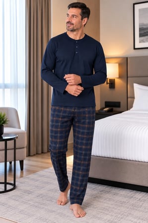 Erkek İnterlok Rahat Kalıp Ekoseli Yuvarlak Yaka Pamuk Pijama Takımı 6860