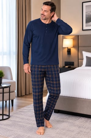 Erkek İnterlok Rahat Kalıp Ekoseli Yuvarlak Yaka Pamuk Pijama Takımı 6860