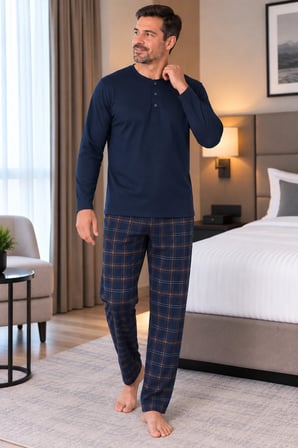 Erkek İnterlok Rahat Kalıp Ekoseli Yuvarlak Yaka Pamuk Pijama Takımı 6860