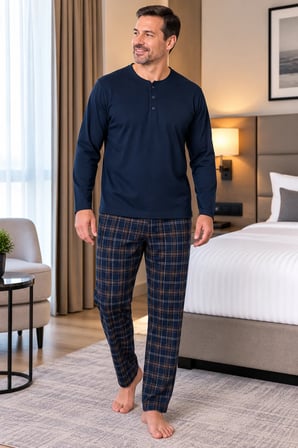 Erkek İnterlok Rahat Kalıp Ekoseli Yuvarlak Yaka Pamuk Pijama Takımı 6860