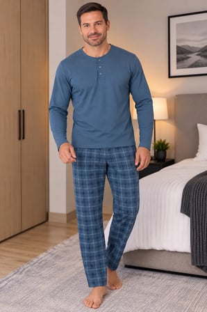Erkek İnterlok Rahat Kalıp Ekoseli Yuvarlak Yaka Pamuk Pijama Takımı 6860