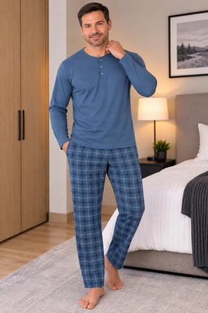 Erkek İnterlok Rahat Kalıp Ekoseli Yuvarlak Yaka Pamuk Pijama Takımı 6860