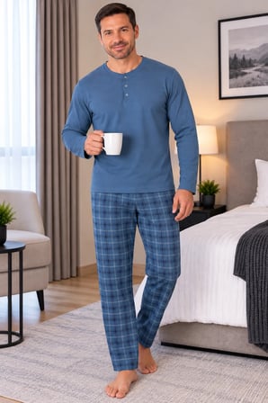 Erkek İnterlok Rahat Kalıp Ekoseli Yuvarlak Yaka Pamuk Pijama Takımı 6860