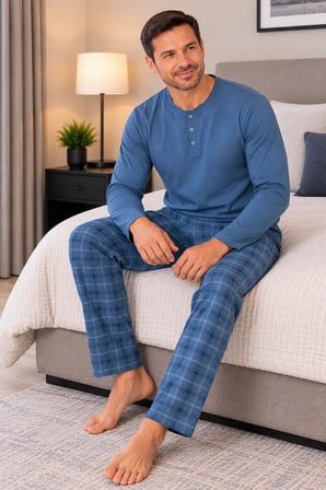 Erkek İnterlok Rahat Kalıp Ekoseli Yuvarlak Yaka Pamuk Pijama Takımı 6860