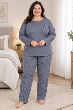 Kadın Orta Yaş ve Üzeri Regular Büyük Beden Pamuk Anne Pijama Takımı 4584