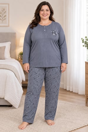 Kadın Orta Yaş ve Üzeri Regular Büyük Beden Pamuk Anne Pijama Takımı 4584