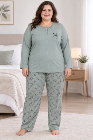 Kadın Orta Yaş ve Üzeri Regular Büyük Beden Pamuk Anne Pijama Takımı 4584