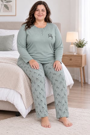 Kadın Orta Yaş ve Üzeri Regular Büyük Beden Pamuk Anne Pijama Takımı 4584