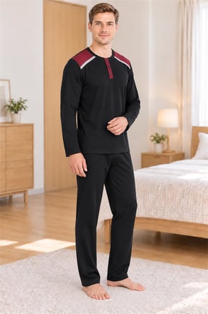 Erkek İnterlok Rahat Kalıp Ekoseli Yuvarlak Yaka Pamuk Pijama Takımı 6854-1