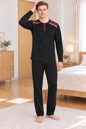 Erkek İnterlok Rahat Kalıp Ekoseli Yuvarlak Yaka Pamuk Pijama Takımı 6854-1