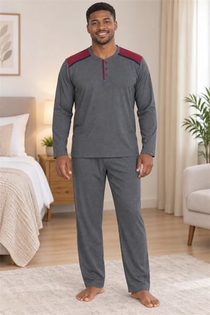 Erkek İnterlok Rahat Kalıp Ekoseli Yuvarlak Yaka Pamuk Pijama Takımı 6854-1