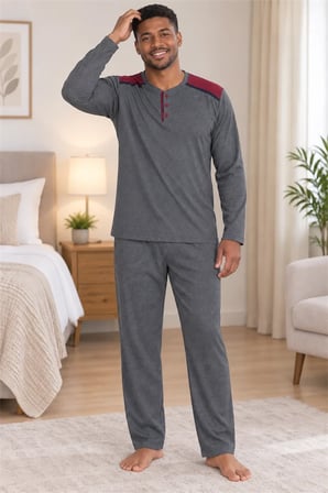 Erkek İnterlok Rahat Kalıp Ekoseli Yuvarlak Yaka Pamuk Pijama Takımı 6854-1